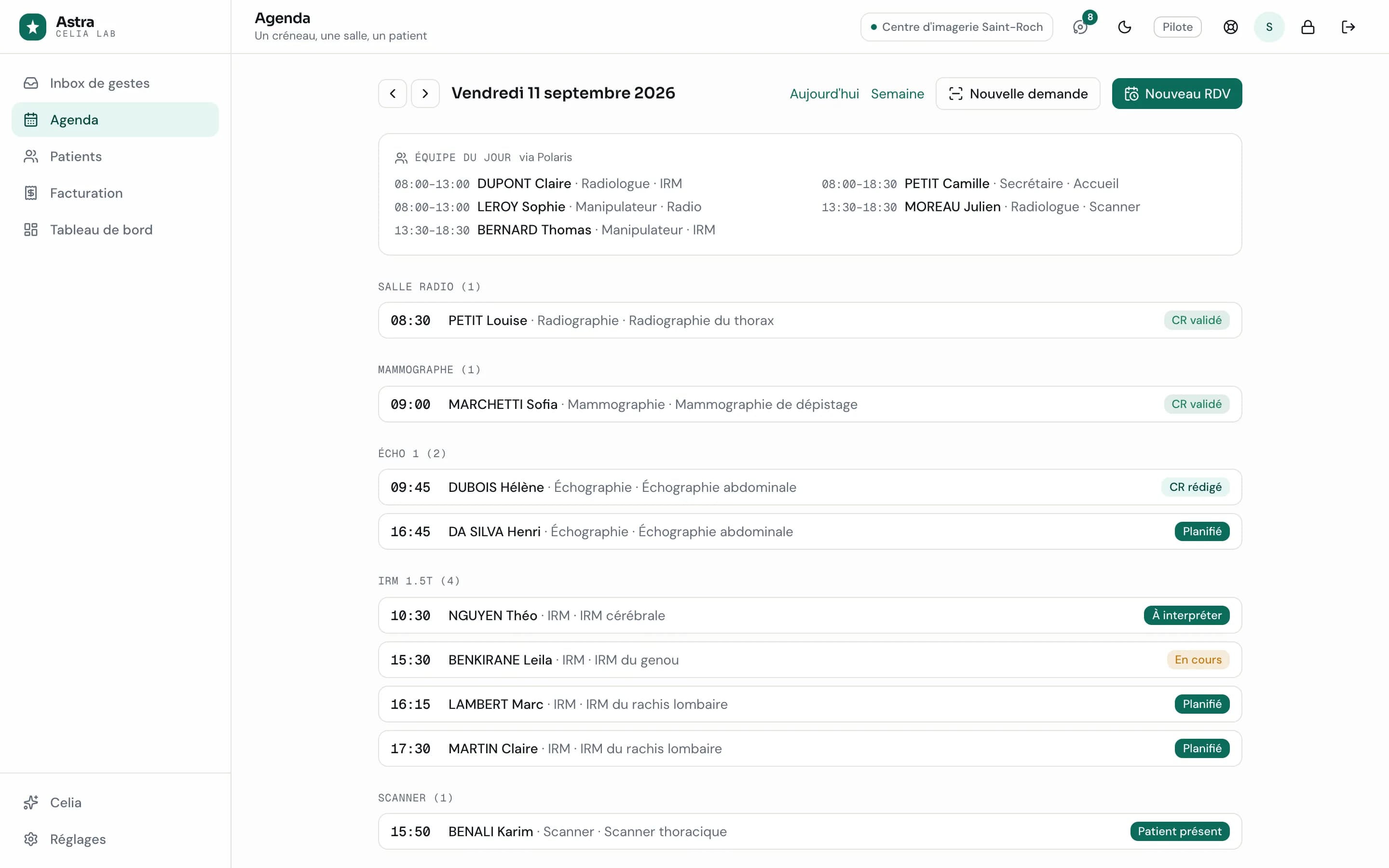 Agenda du jour d'Astra, regroupé par salle (salle radio, mammographe, écho, IRM, scanner), avec le statut de chaque examen et l'équipe du jour transmise par Polaris.