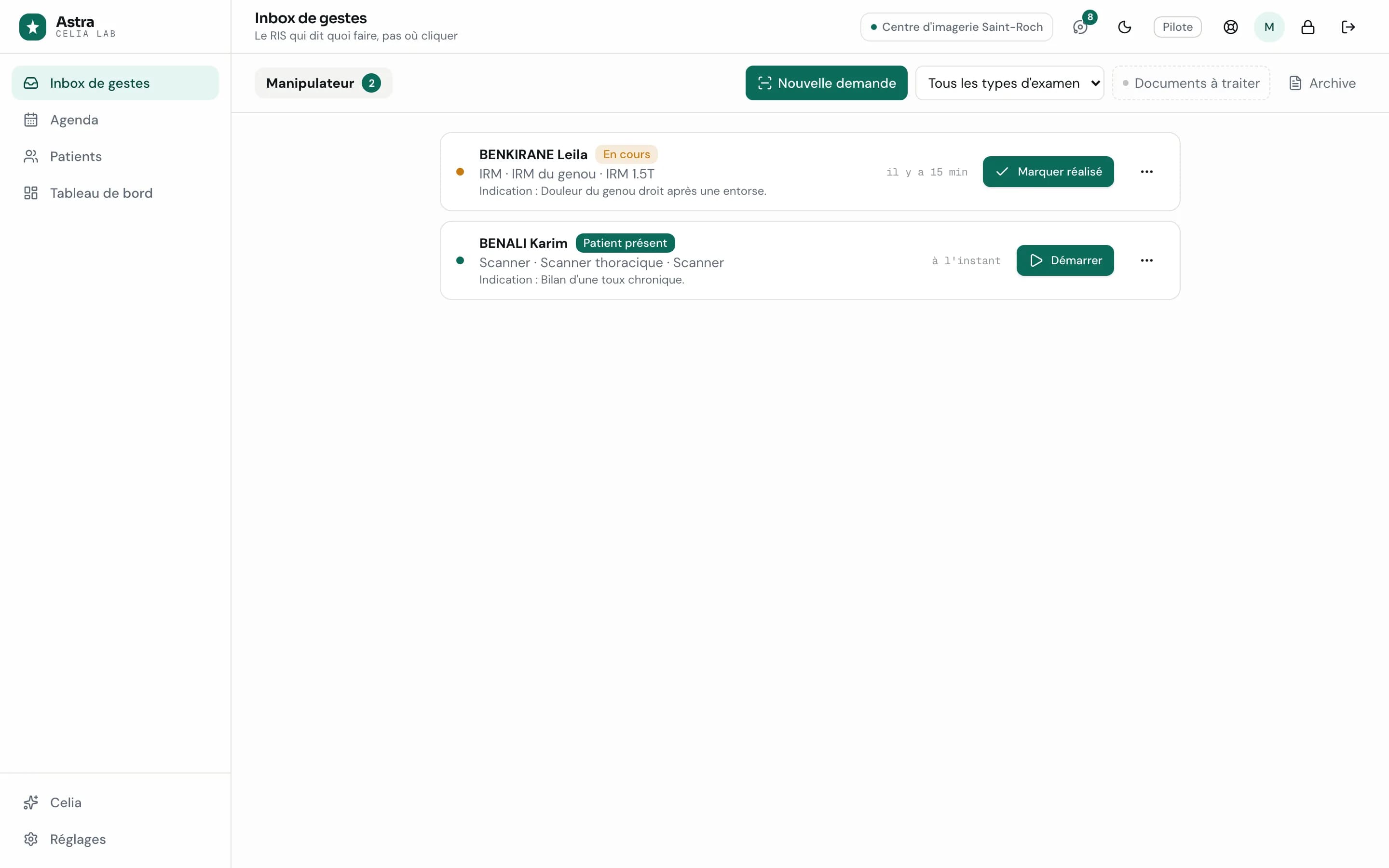 Inbox de gestes, vue manipulateur : une IRM du genou en cours avec le bouton « Marquer réalisé », un scanner thoracique dont le patient est présent avec le bouton « Démarrer ».