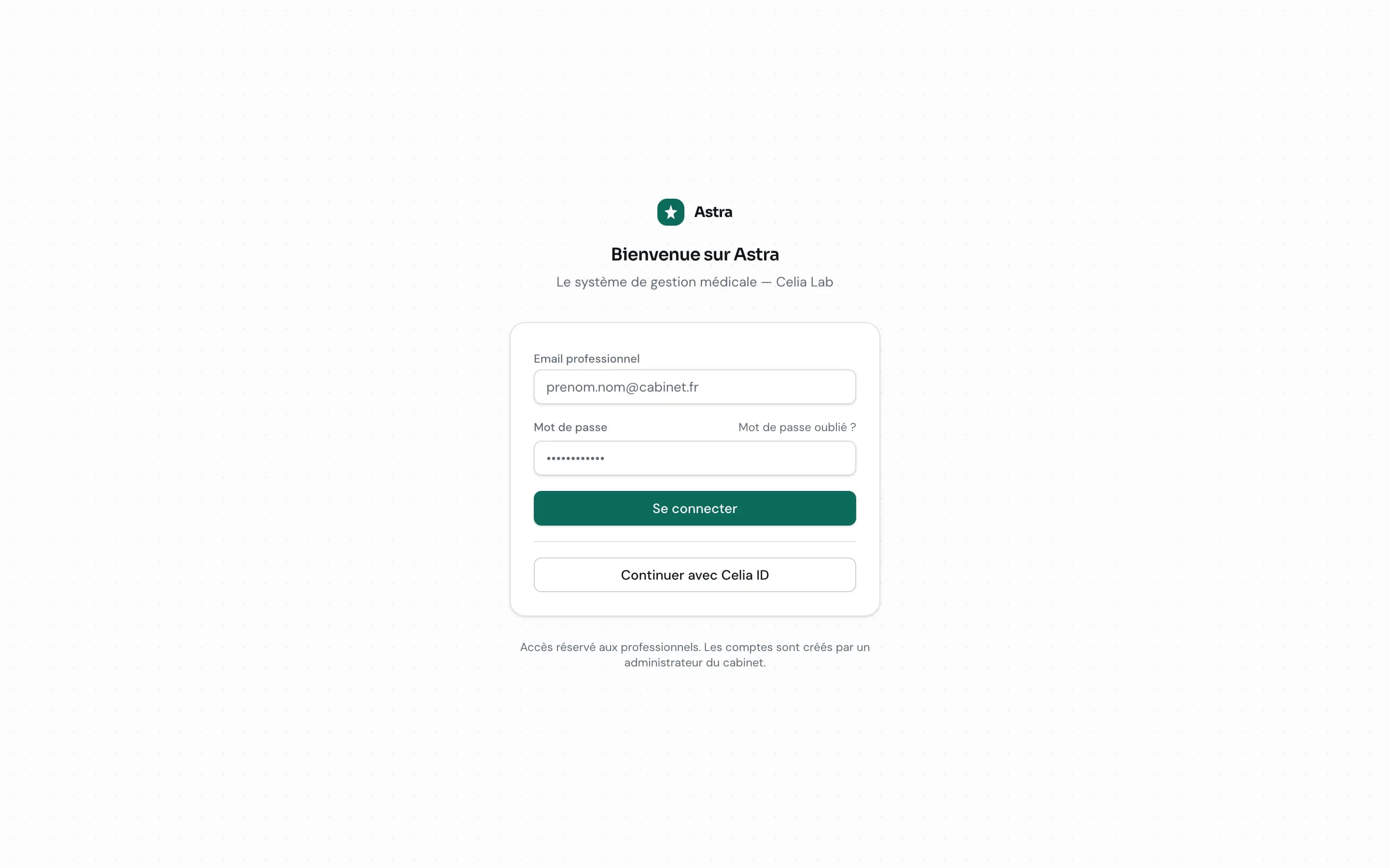 Écran de connexion d'Astra, avec le bouton « Continuer avec Celia ID » sous le formulaire.