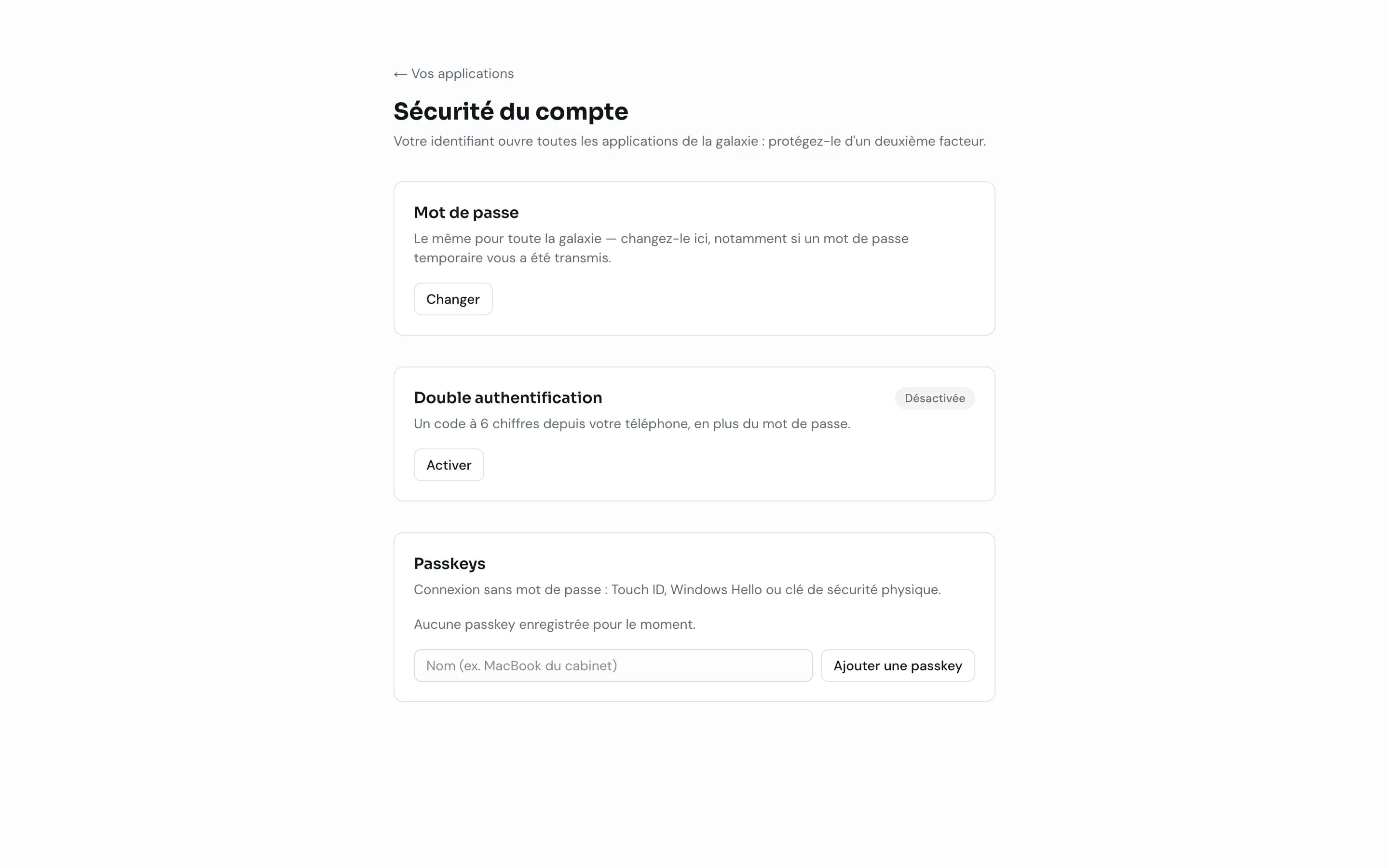 Page Sécurité du compte : changement du mot de passe, double authentification (désactivée sur ce compte de démonstration) et ajout de passkeys.