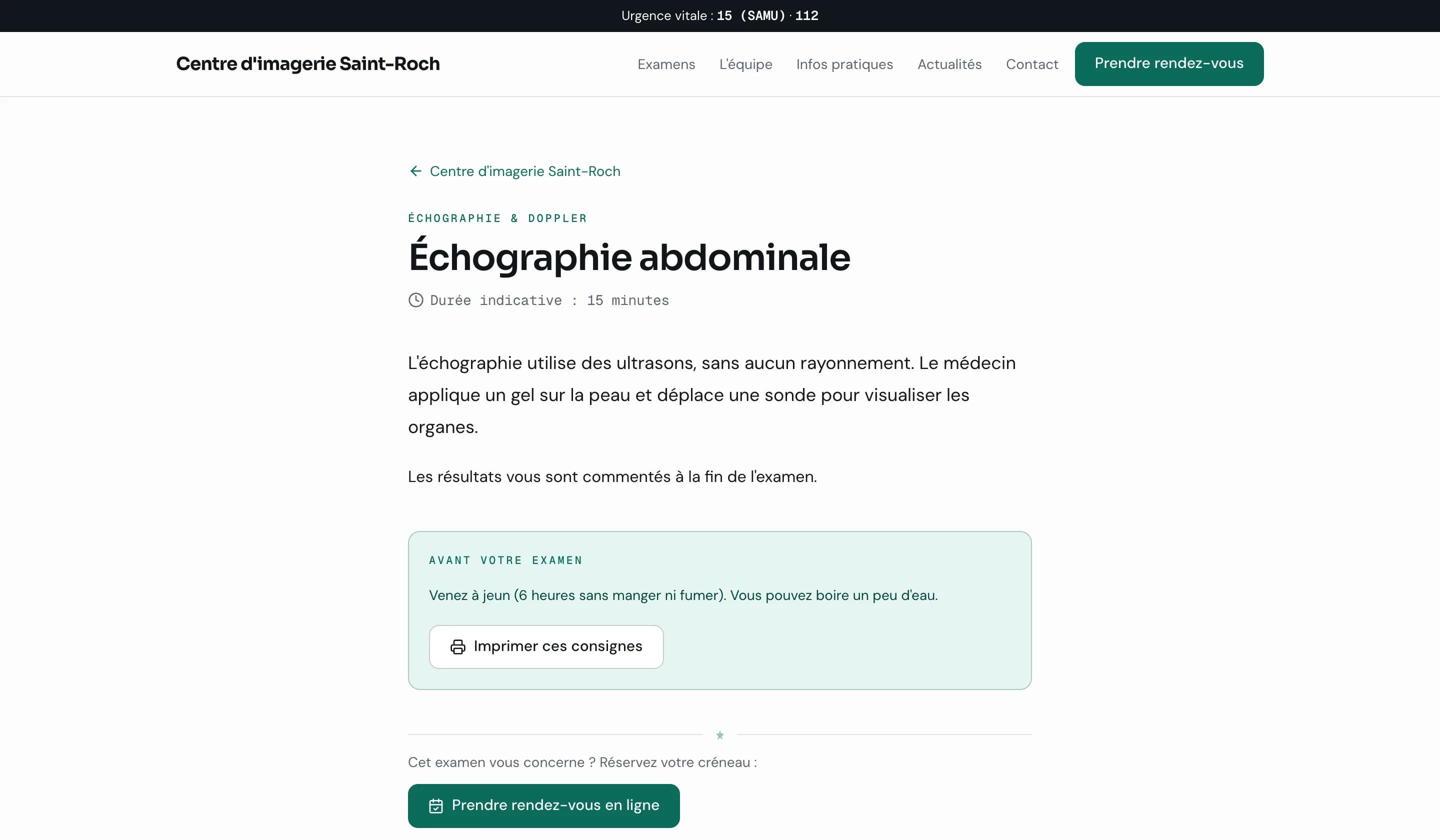 Fiche « Échographie abdominale » du site public : durée indicative, déroulé de l'examen, encadré de préparation (venir à jeun) et bouton de prise de rendez-vous en ligne.