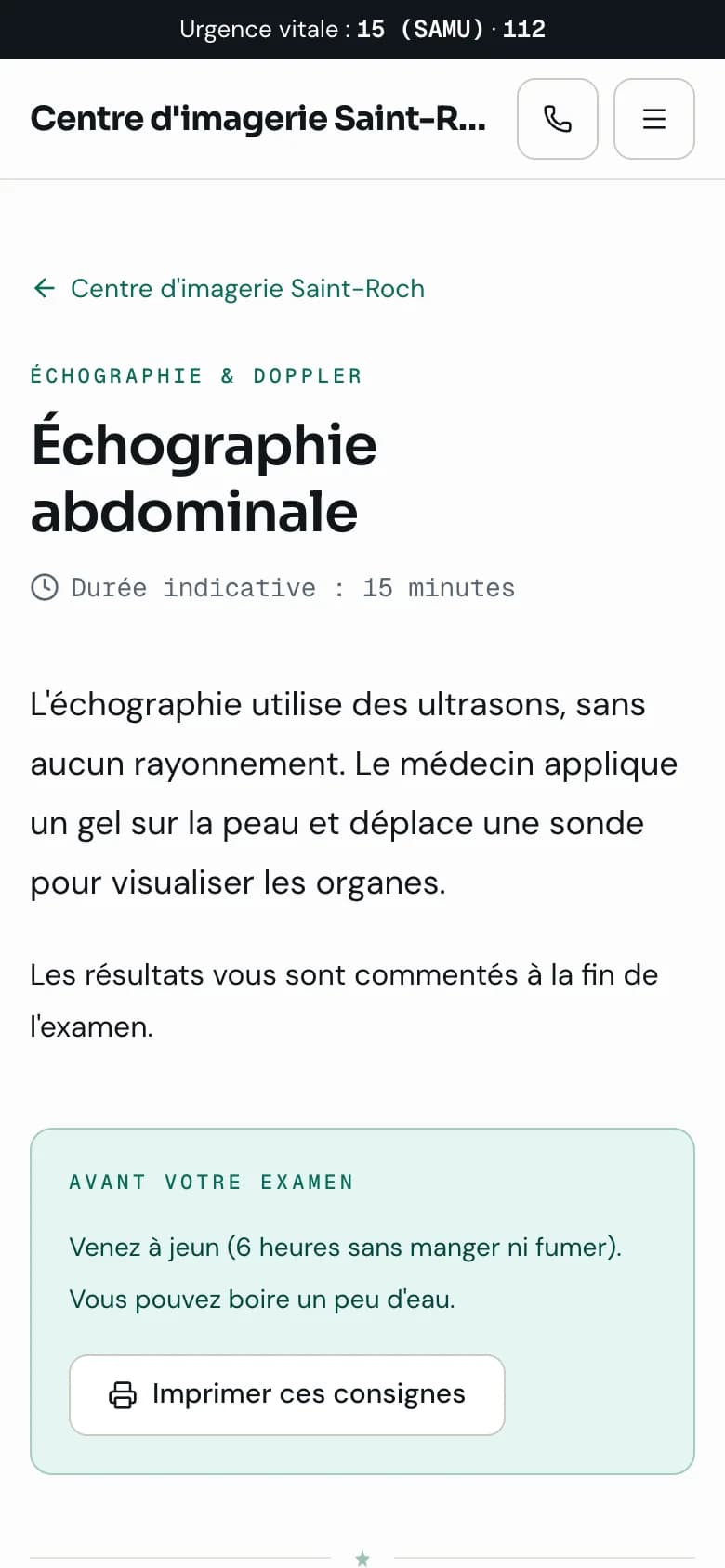 La même fiche examen sur téléphone : bandeau d'urgence, bouton d'appel, titre, durée et consignes de préparation.