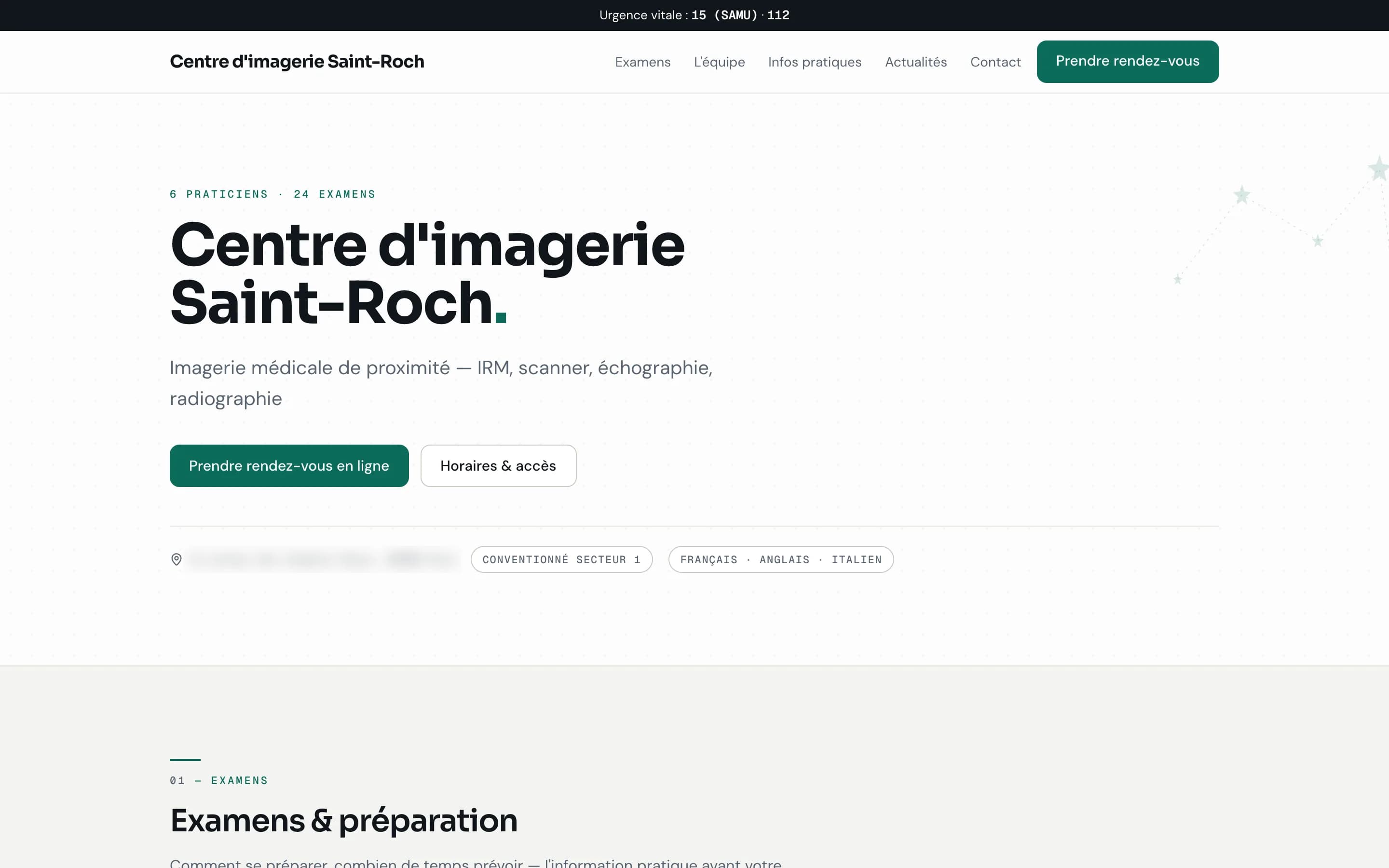 Accueil du site public d'un cabinet de démonstration fait avec Pulsar : bandeau d'urgence 15 et 112, nom du cabinet, examens proposés, boutons de prise de rendez-vous et d'horaires. L'adresse est floutée.